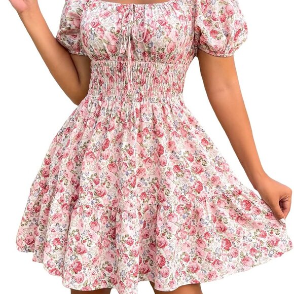 Women's Boho Polyester Square Neck Puff Short Sleeve A Line Dress - Picture 1 of 5